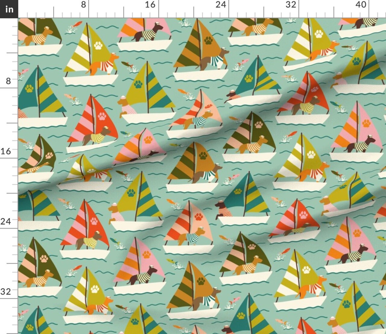 Beach Dogs Coastal Sailboat Whimsical Sailors Aqua Coral Custom Printed Fabric by Spoonflower Various Fabrics by the Yard or Fat Quarter